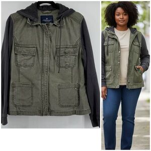 Women's 2015 American Eagle Utility Canvas Jacket Hoodie Green & Gray Size XL